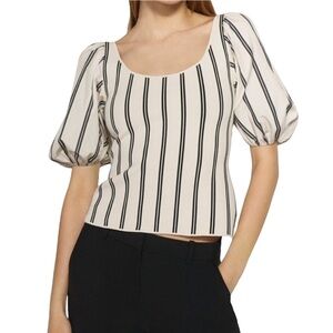 Theory Cream & Black Striped Puff-Sleeve Scoop Neck Top